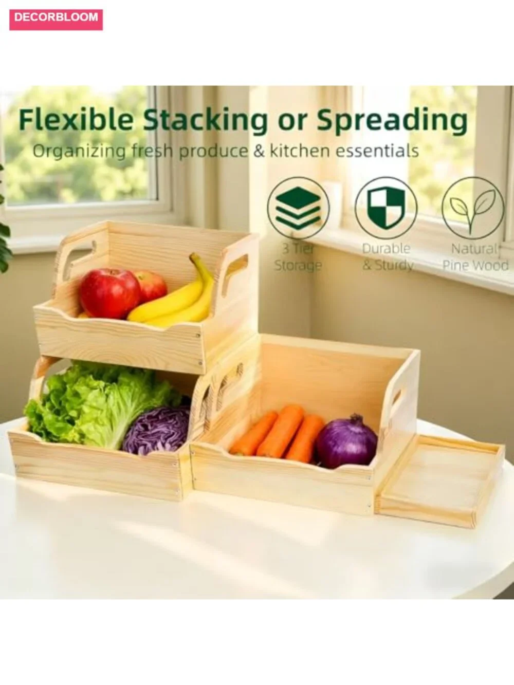 Wood Potato Onion Storage Bin 3 Tier Stackable Open Front Kitchen Organizer